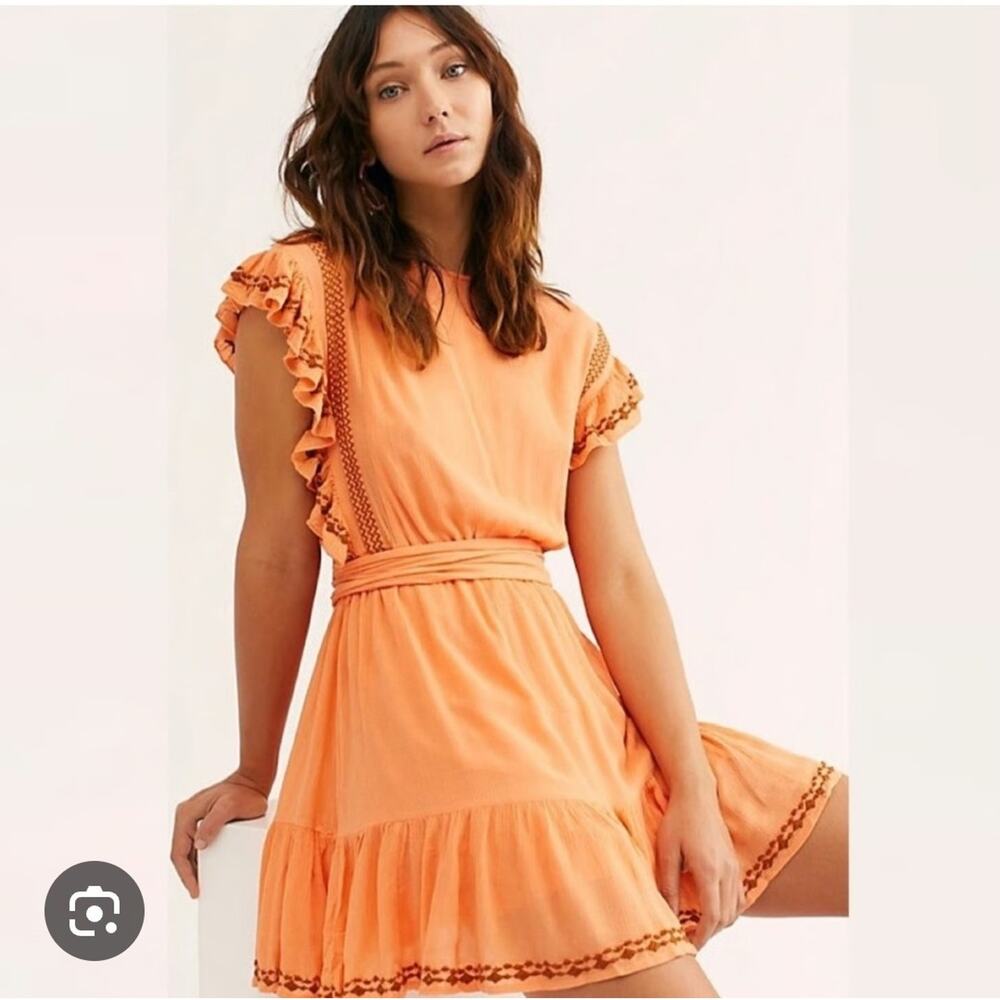 Free People Women's Orange Embroidered Weekend Brunch Mini Dress XS